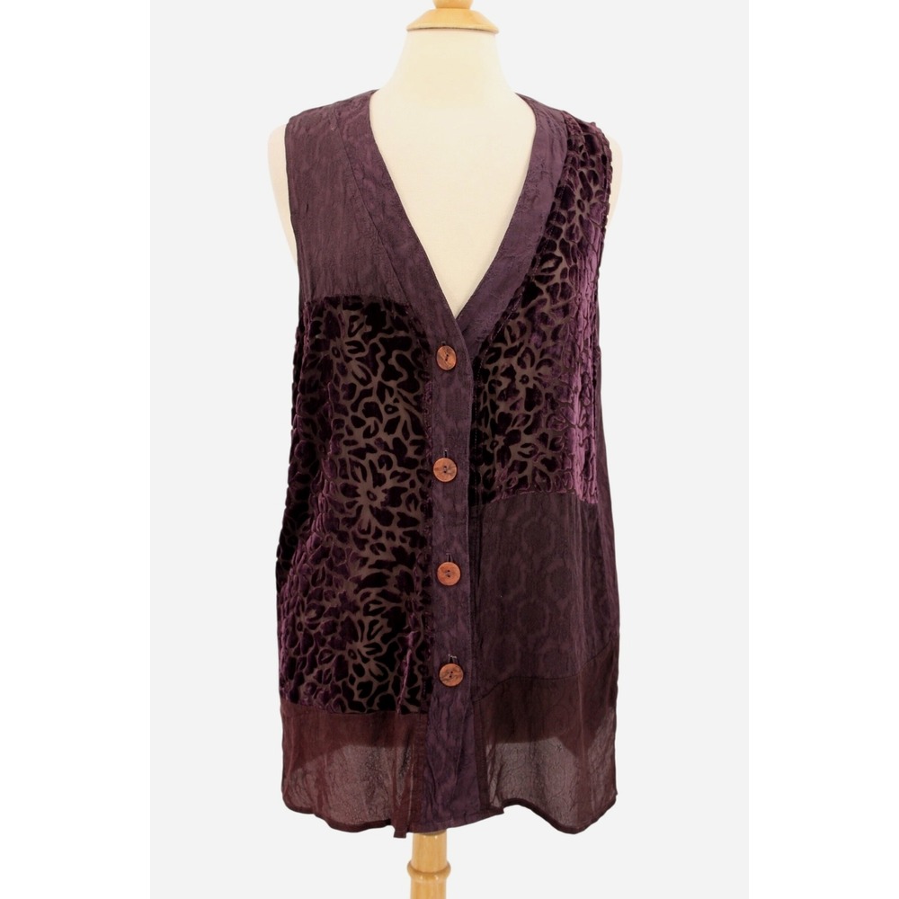 URU Velvet Burnout Sleeveless Blouse One Size Purple‎ Textured Jacquard Vintage